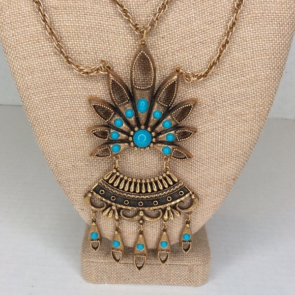 Vintage Faux Turquoise & Gold Plated Necklace Squash Blossom Style 70 s Vintage - Picture 2 of 13